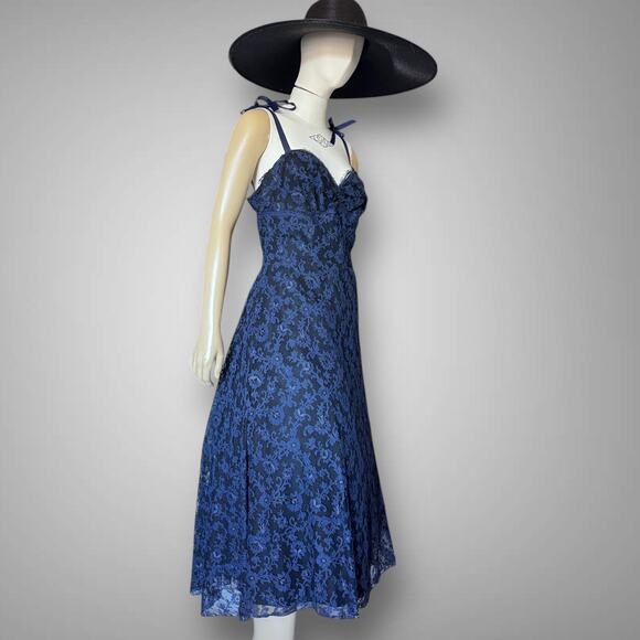 Vintage 1950s Dark Blue Lace Party Dress Ribbon Strap w Bolero Prom Gown 2pc - Picture 3 of 16